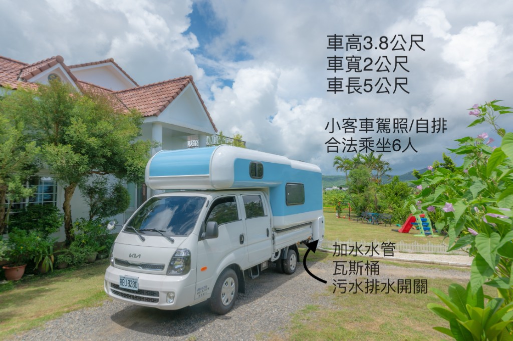 露營車外觀尺寸圖：車長車寬車高標示與側邊加水、排水、瓦斯位置