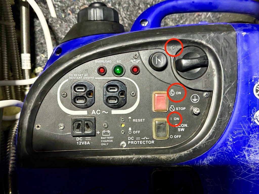 ASAHI SE2400 portable generator control panel close-up with red circles marking main dial ON, light switch ON and ECON. SW I ON positions.