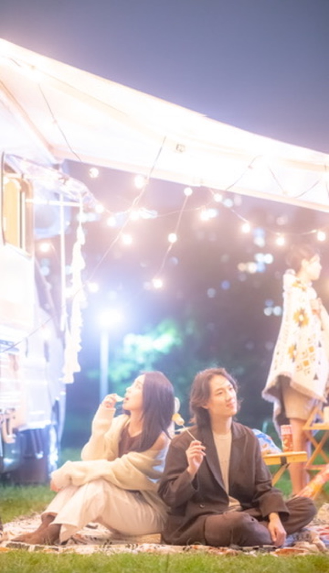 Friends and couples on a campervan trip with outdoor string lights